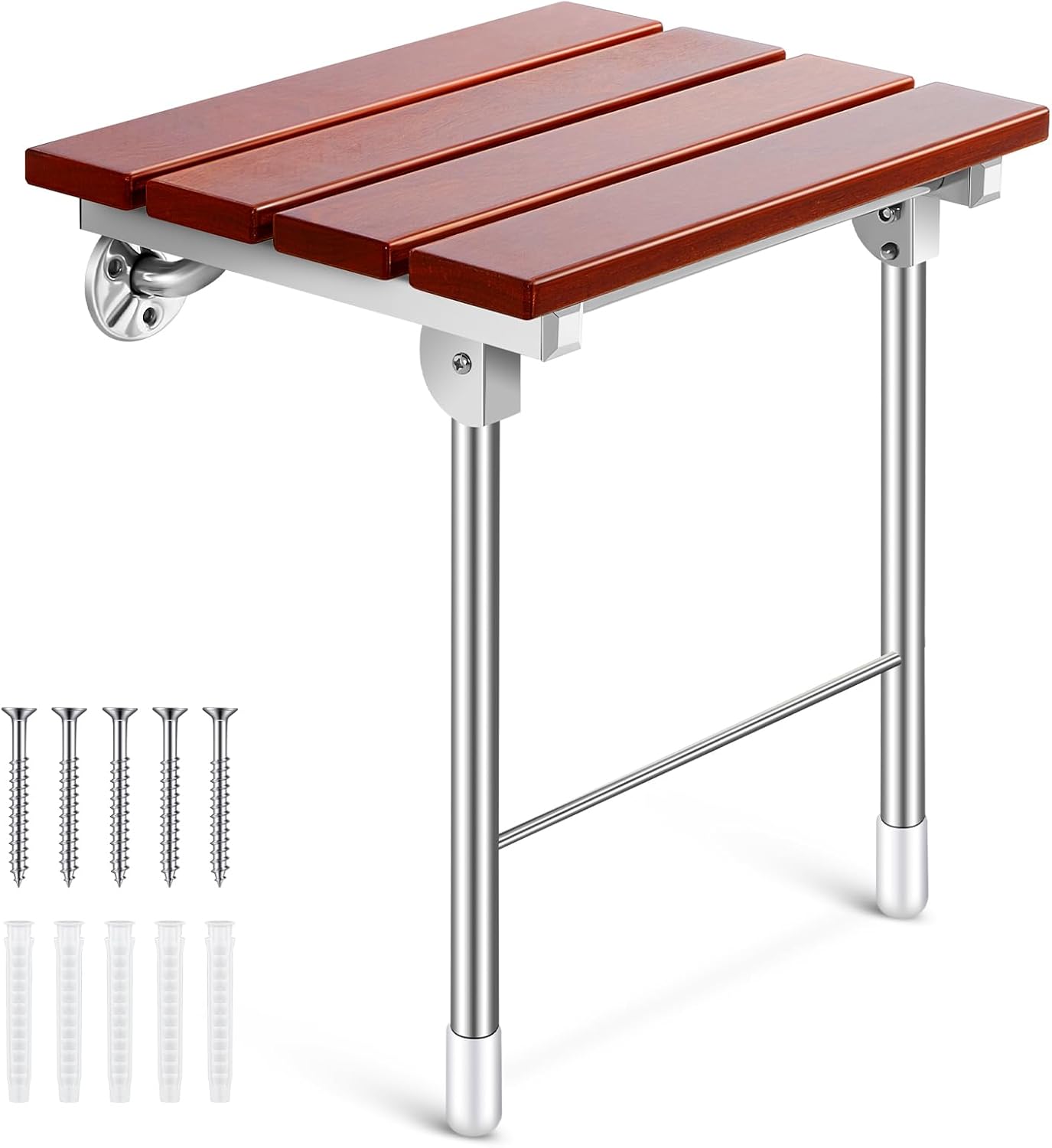 Geetery Folding Shower Seat Wall Mounted, 18'' Shower Chair with Support Legs Collapsible Bathroom Safety Bench Fold Down Wall Wood Bath Chair Seat for Elder Disabled Pregnant Adult (Load 400 Lbs)