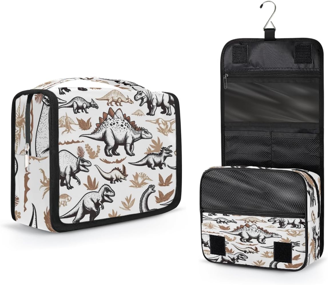 AUUXVA Dinosaur Travel Toiletry Bag for Boys Kids Vintage Dinosaur Pattern Cosmetic Organizer Bag Jurassic Dino Hanging Makeup Bag with Zipper Pocket and Handle, Portable Travel Wash Bag for Men
