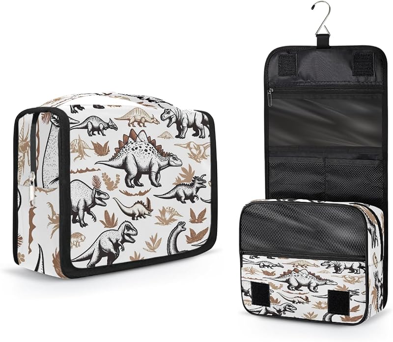 Necessaire de viagem AUUXVA com estampa de dinossauro, pendente, com bolsos com zíper e alça, Pacote com 1