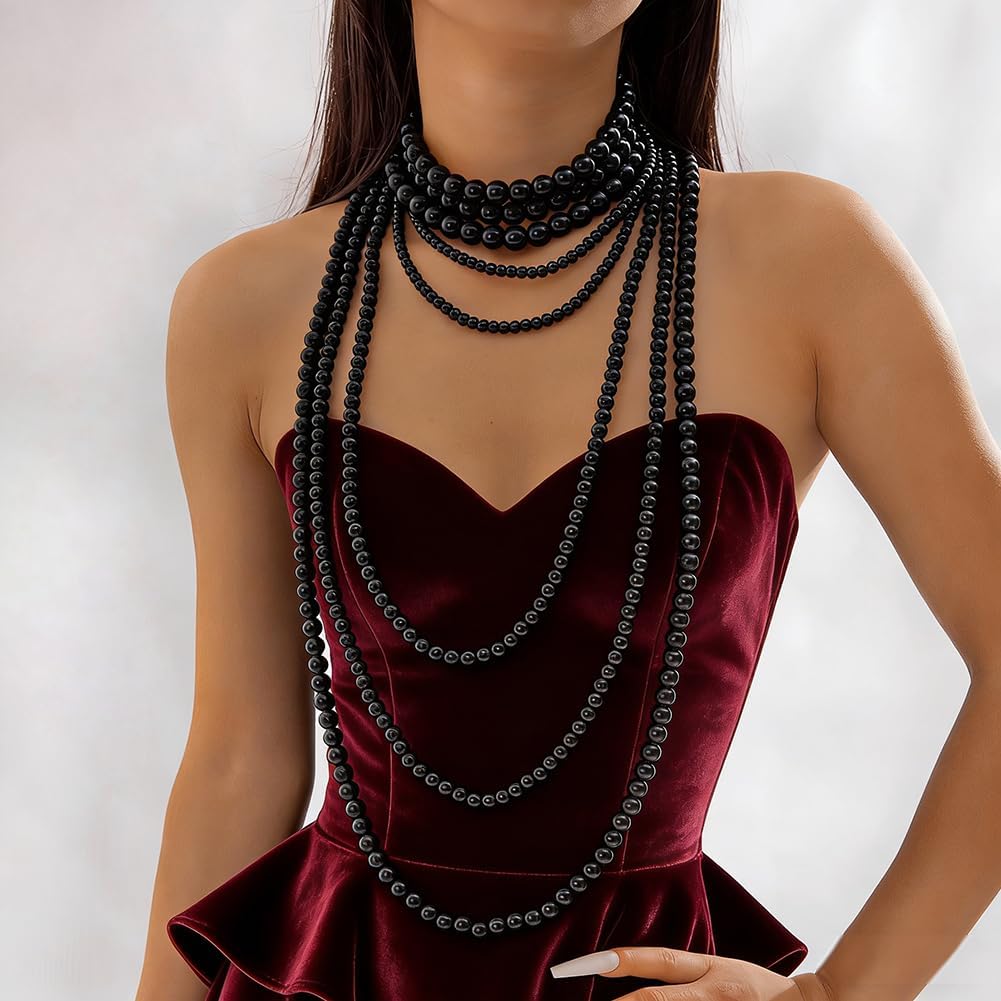 Long Pearl Beaded Necklace Layered Big Small Beads Pearl Necklaces Multi Strand Pearls Necklaces for Women Trendy Jewelry Gift