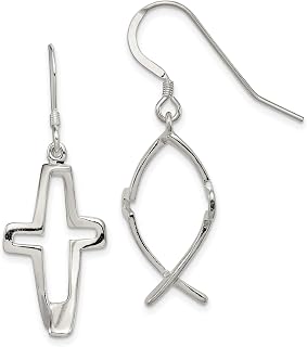 Sterling Silver Cross Ichthus Dangle Earrings for Women, Shepherd Hook with Openwork Design and Polished Finish, Religious Faith Statement