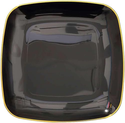 Miniatura 7 de Efavormart - Paquete de 10 platos cuadrados de plástico para postre de 10 pulgadas, color negro con borde dorado, platos desechables para ensalada