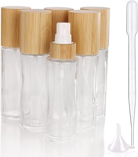 COSIDEA 6 pcs Empty 2oz /60ml bamboo lid clear glass spray bottle with fine mist despenser head for liquid perfume toiletries containers, toner bottles