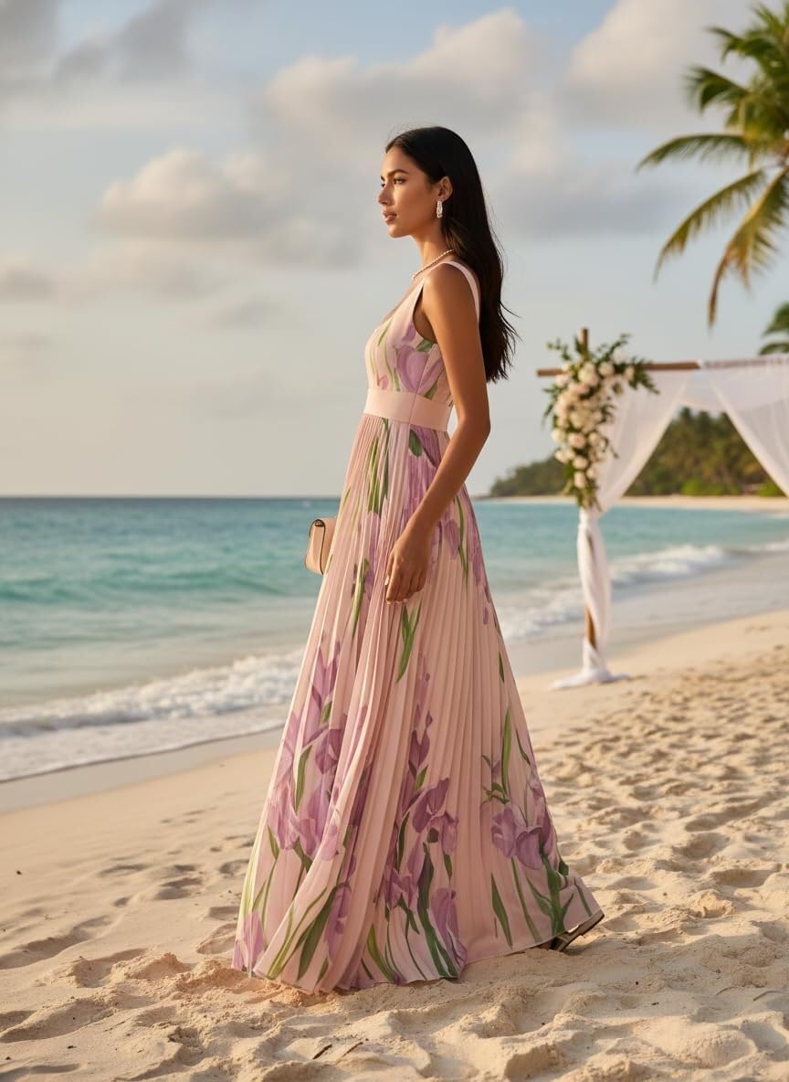 Generale Vestito Lungo a Fiori Donna Senza Maniche con Scollo Quadrato, Modello Fluido a Taglio A Elegante, Perfetto Come Abito Invitata Nozze per Primavera, Estate e Vacanze