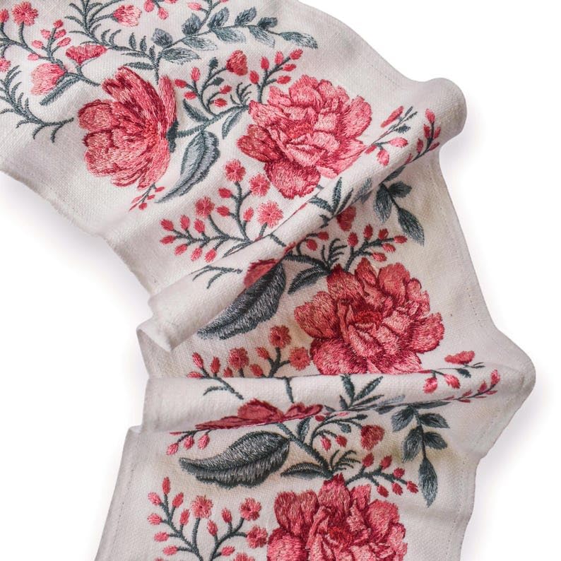 Fabric Mart Direct Ivory & Fuchsia Pink Floral Peony Vine Haftowana ozdobna wstążka z tkaniny na metry, botaniczna taśma obramowująca zasłony, koronka tapicerska na obrus, 5,50 cala (139 mm)