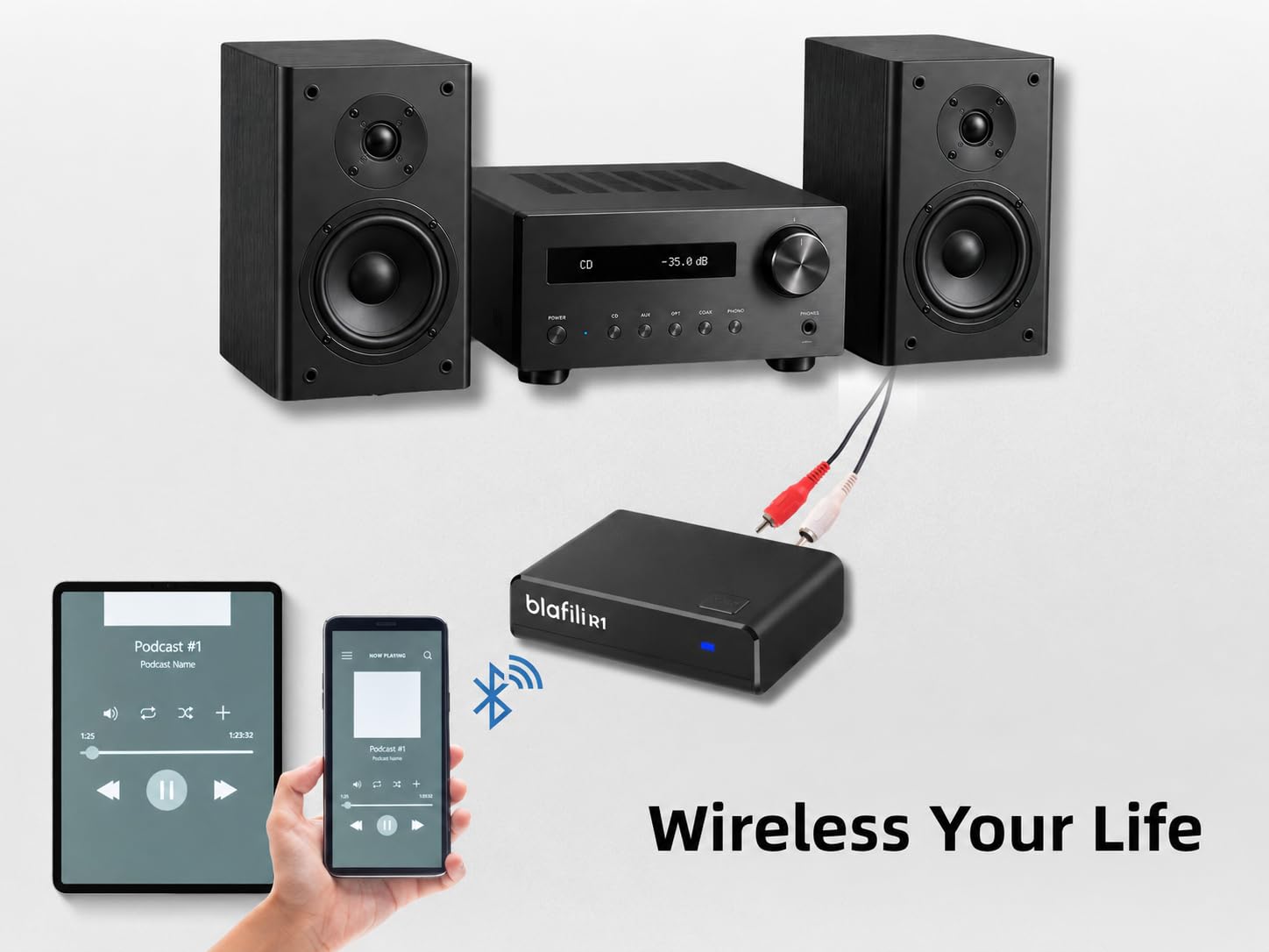 Odbiornik Bluetooth R1 do domowego stereo, wyjścia RCA i wejścia zasilania