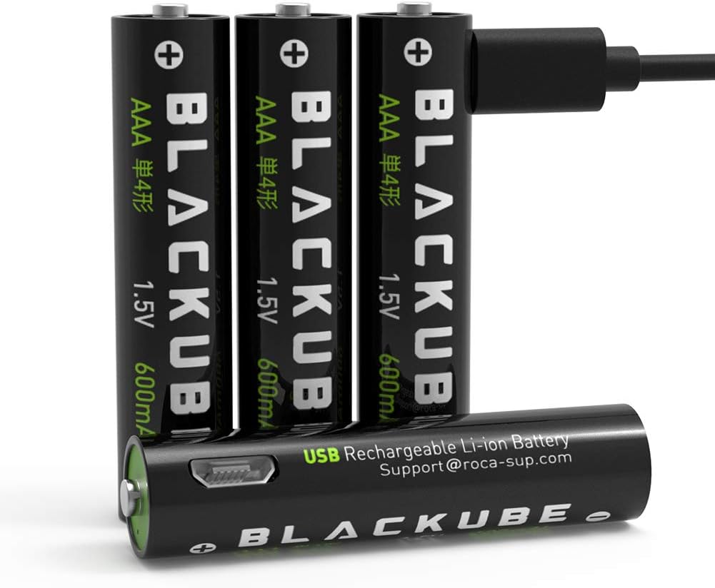 BLACKUBE AAA 600mAh/900mWh Rechargeable Lithium Battery- 1h Quick-Charge by Micro USB Cable -1.5V/1000Cycles - 4Pack Triple A