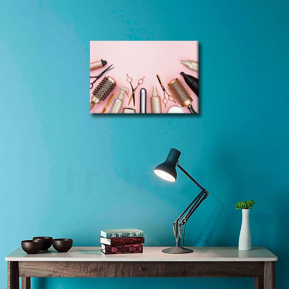 1 Piece Hair Salon Canvas Art Wall Decor Golden Haircut Tools on Pink Background Bedroom Wall Art Pictures for Living Room Powder Room Modern Wall Art Stretched and Framed Ready to Hang 18x12in - Image 2