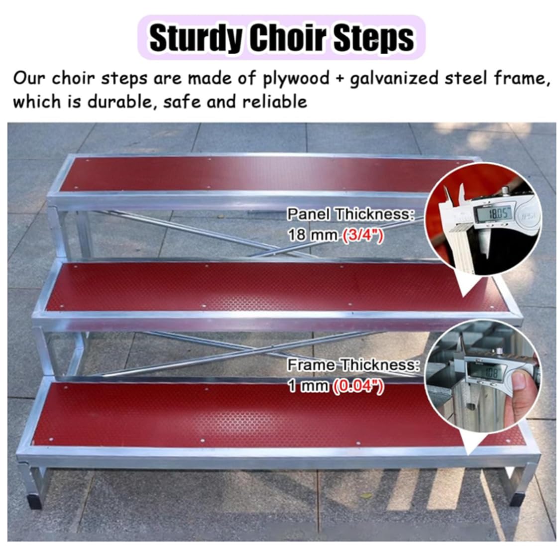 Plataforma coral antideslizante ajustable – Soporte de música de metal y madera contrachapada de 3 niveles para conciertos, bodas y conferencias