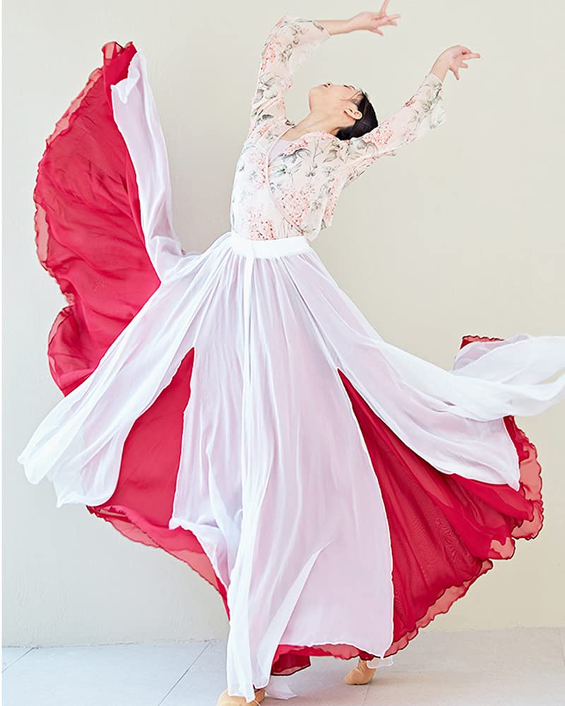 Bauchtanz Kostüm Bauchtanz Rock Frauen Mädchen Chiffon Röcke Elegant Chiffon Rock Lang Tanzkostüme Kleidung Schlitz Maxirock Doppelt Schicht Rüschen Big Swing Langer Rock