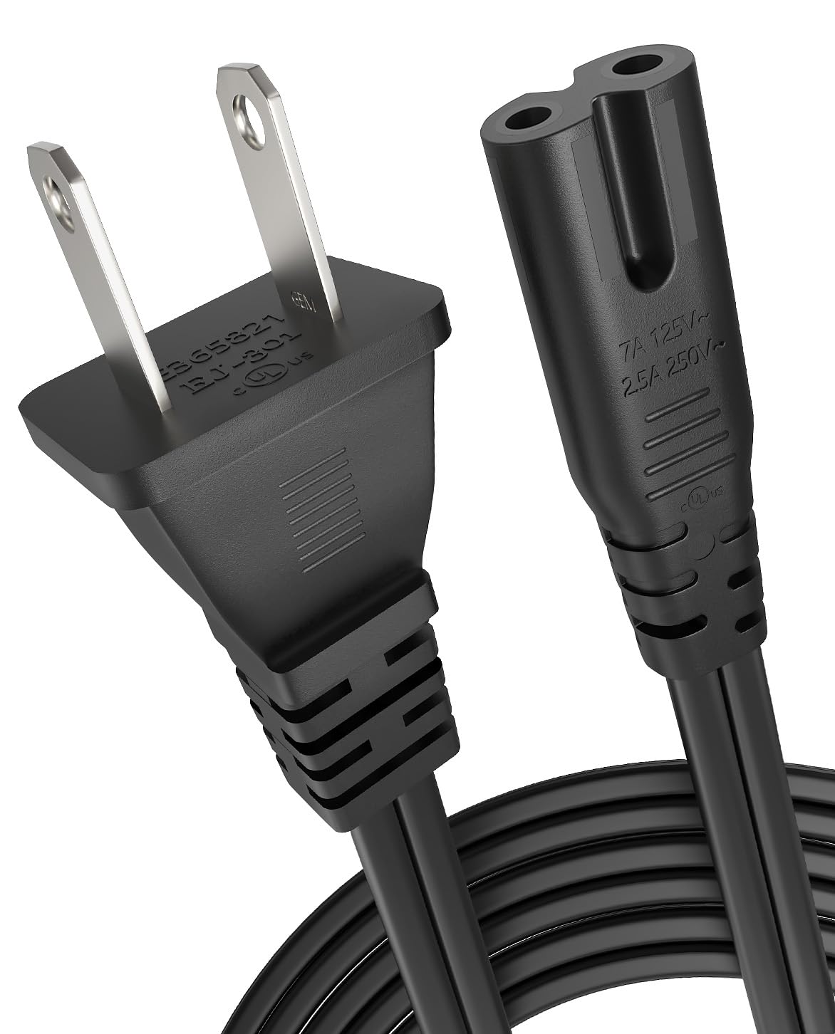 UL Listed 6ft 18AWG 7A 125V AC Power Cord 2 Prong Cable Non Polarized NEMA 1-15P to IEC-320-C7