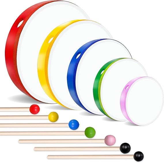 5 Pcs Kids Hand Drums Wood Frame Drum Set with Drum Stick 12 Inch 10 Inch 8 Inch 6 Inch 4 Inch Multicolor Percussion Musical Instruments for School Kids Adults Beginners Home Party Supplies