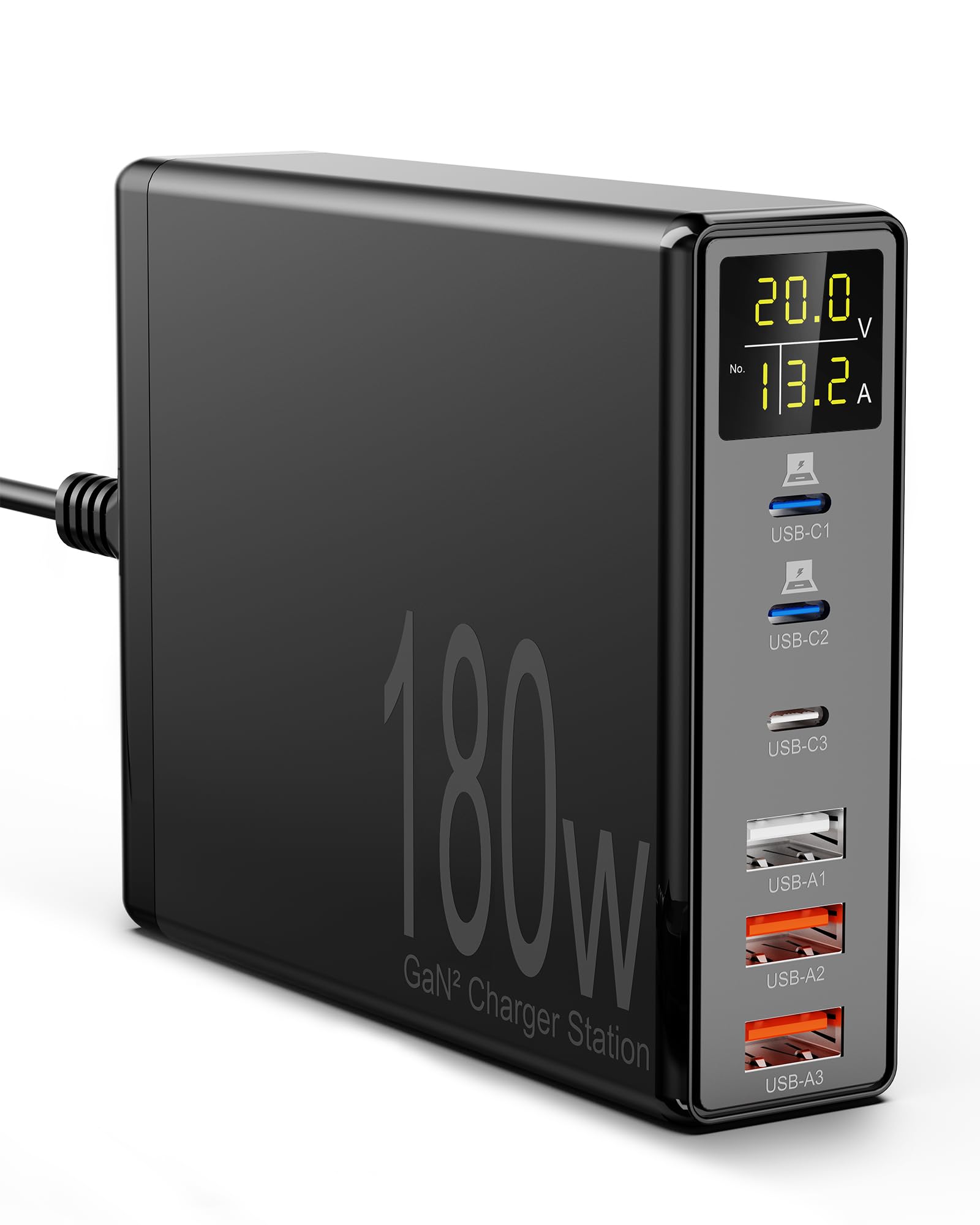 Caricatore USB C, Binamao 180W Caricatore USB Multiplo 6-Port Caricabatterie USB C Rapido con LED Schermo, GaN Stazione di Ricarica USB Multipla per MacBook Air, iPhone 15 14 13, iPad, Samsung