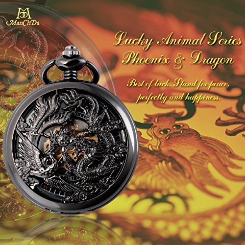 ManChDa Pocket Watch Lucky Dragon & Phoenix Vintage Mechanical Steampunk Skeleton Roman Numerals Black Fob Watch with Chain for Men Women