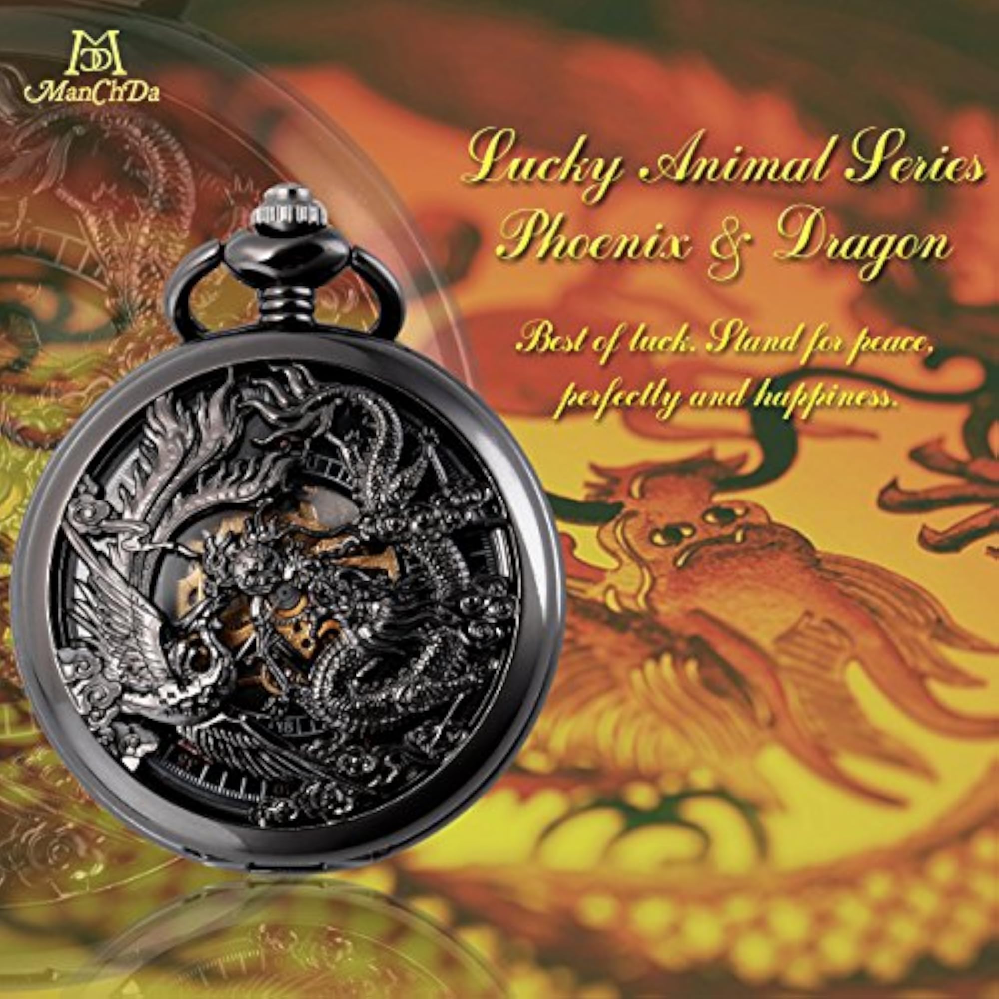 Mechanical Dragon and Phoenix Pocket Watch with Chain, Unisex
