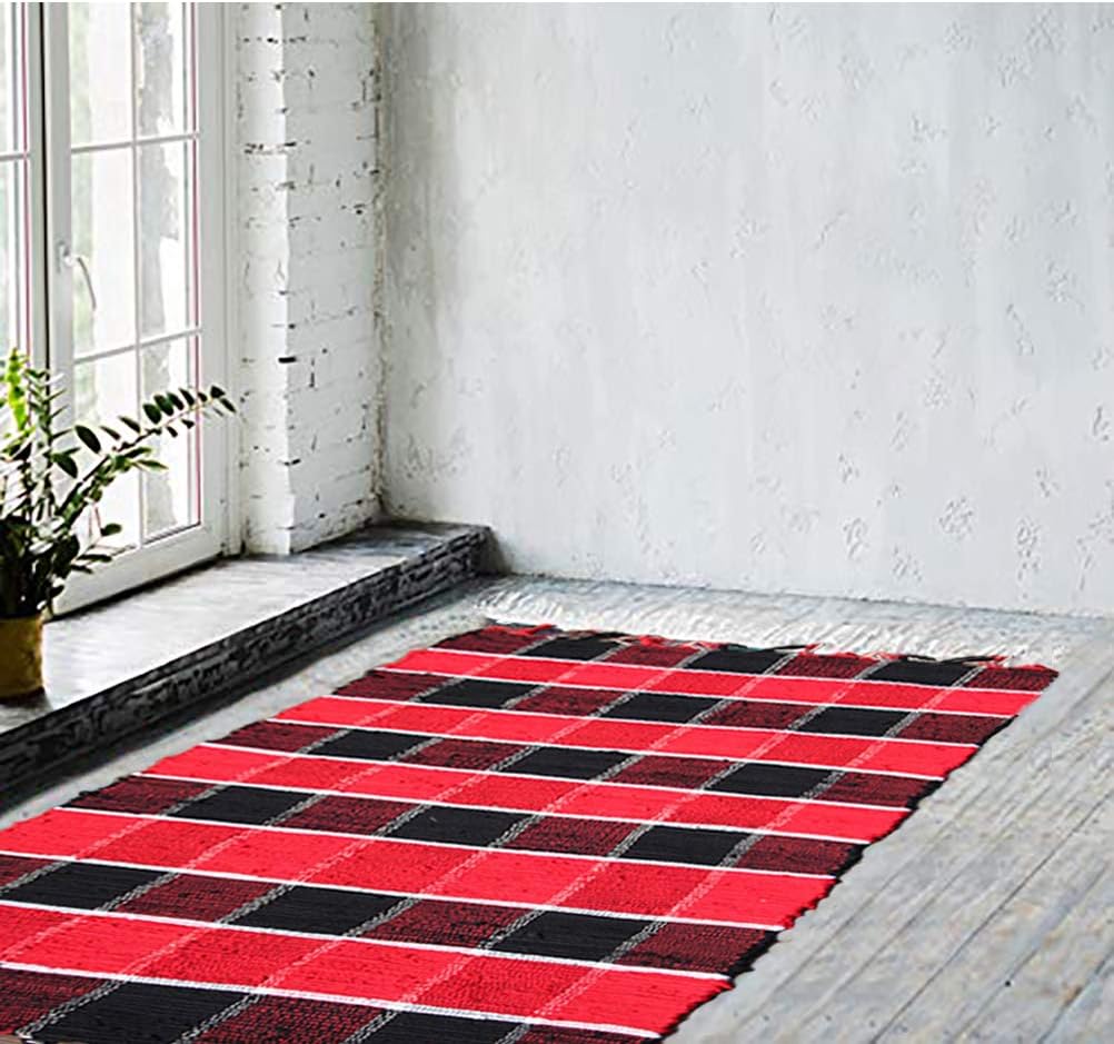 SERENITA Chindi Rug Reversible Rag Cotton Hand Woven Throw Area Rugs for Kitchen Bedroom Bathroom Livingroom Washable Plaid Red 27.5"x55"