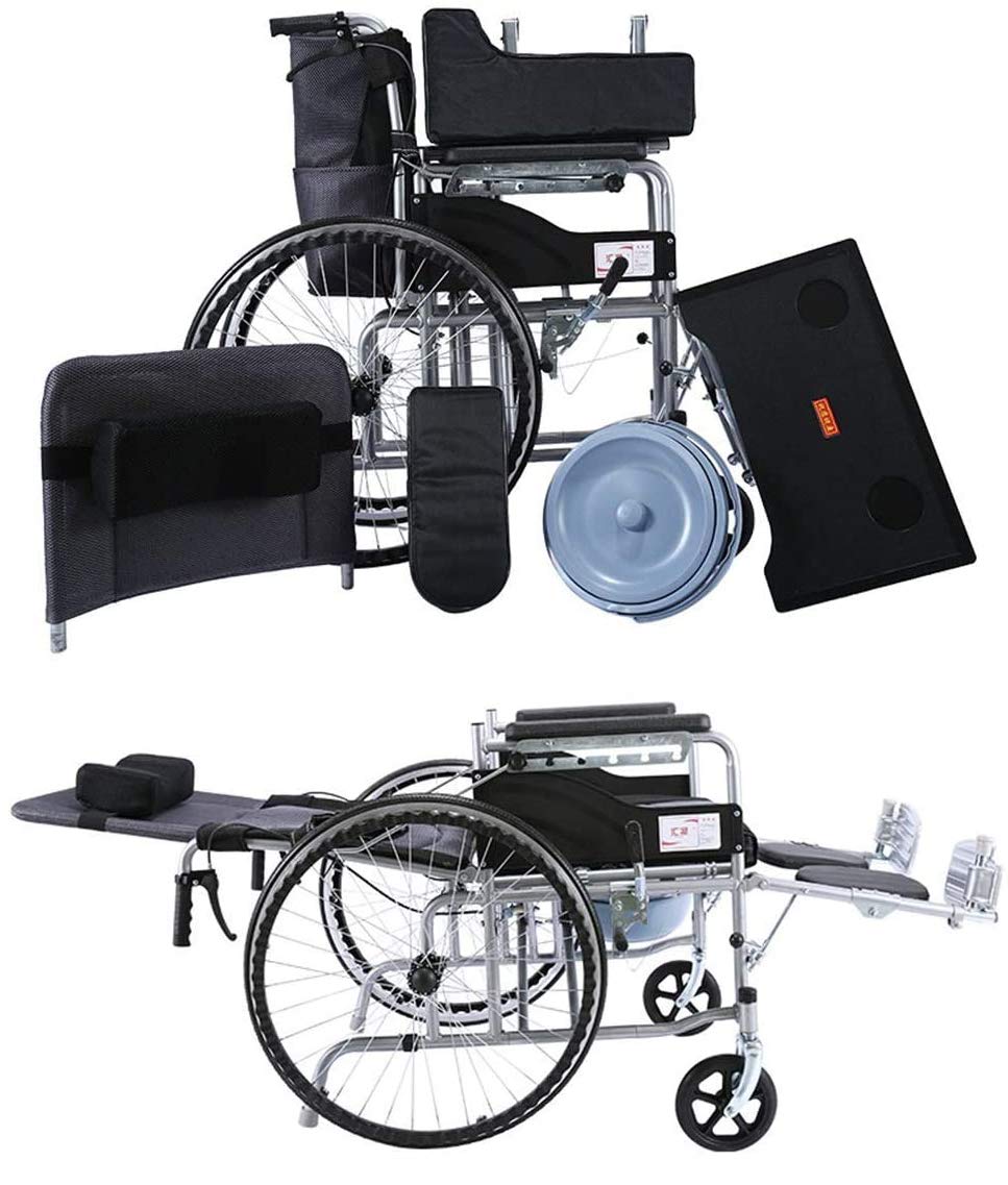 Silla de ruedas plegable liviana, reclinable ajustable en 6 posiciones, cómodo respaldo plegable con brazo y pata de elevación, freno de mano doble de acero con alto contenido de carb