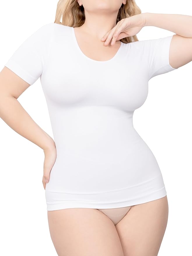 WAISTLINE Women's Compression Seamless T-Shirt - Short Sleeve Body Shaping & Tummy Control Tee - Scoop Neck T Shirt