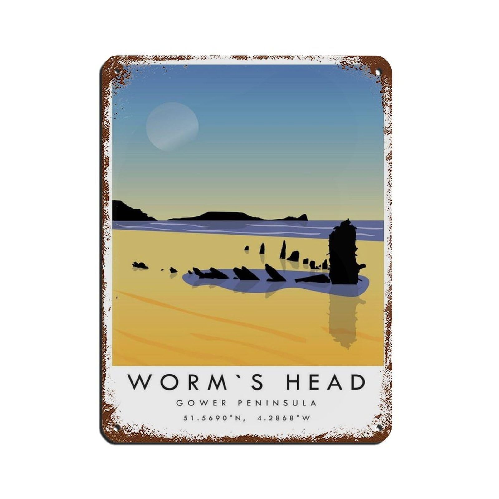 Worms Head Travel Poster,Colourful Wales Travel Tin Sign Vintage Metal Pub Club Cafe Bar Home Wall Art Decoration Poster Retro 12x16inch(30x40cm)