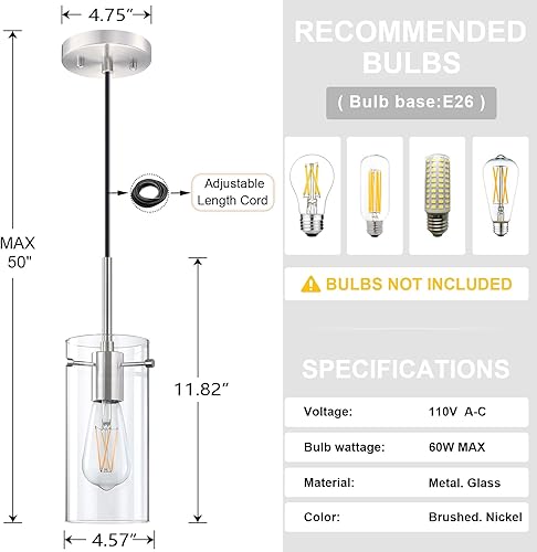 Miniatura 2 de Doraimi Lighting Lámpara colgante de cristal transparente de 4.6 pulgadas para isla de cocina, paquete de 2 lámparas colgantes vintage modernas con