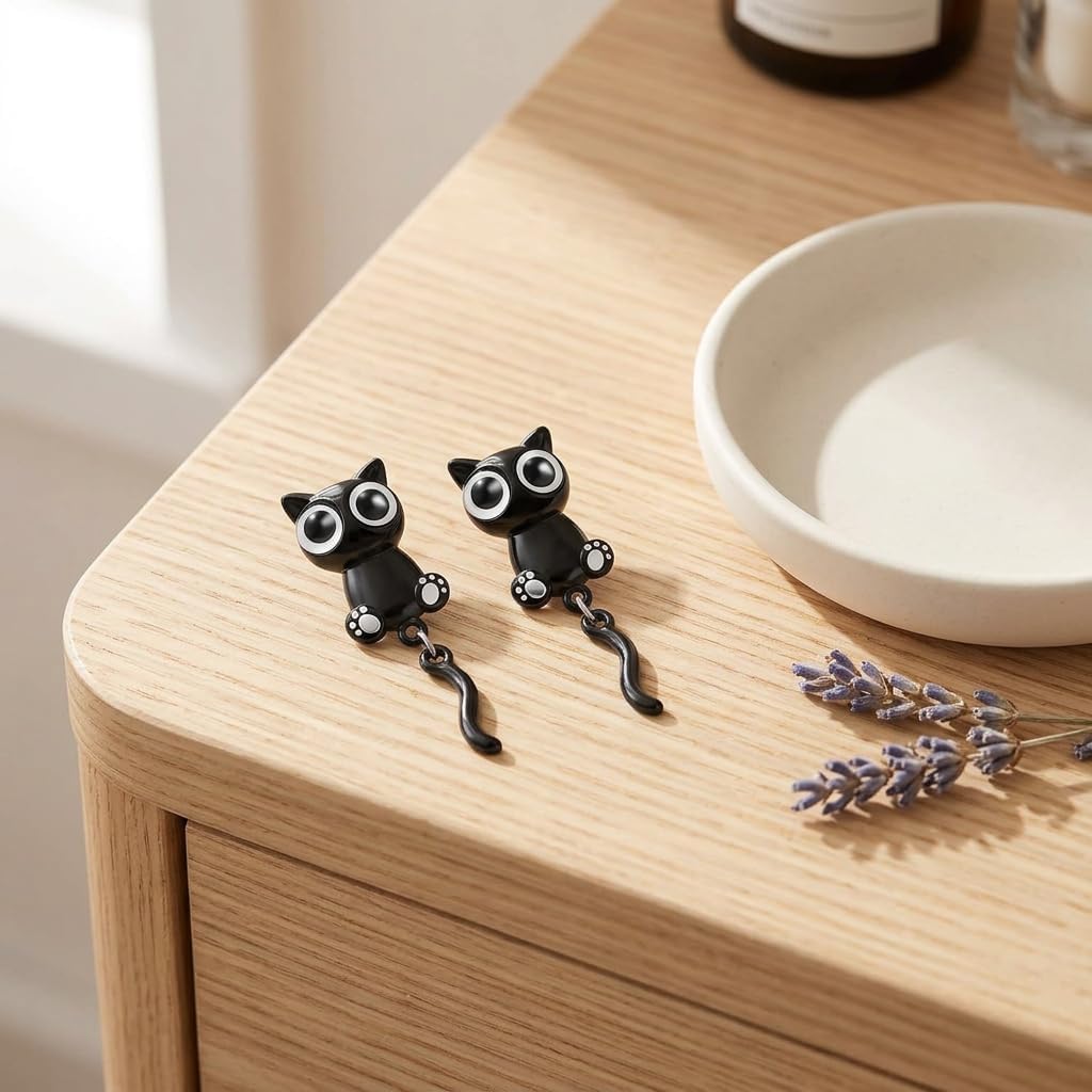 Black Enamel 3D Cat Ear Jacket Front Back Earrings for Women image 5