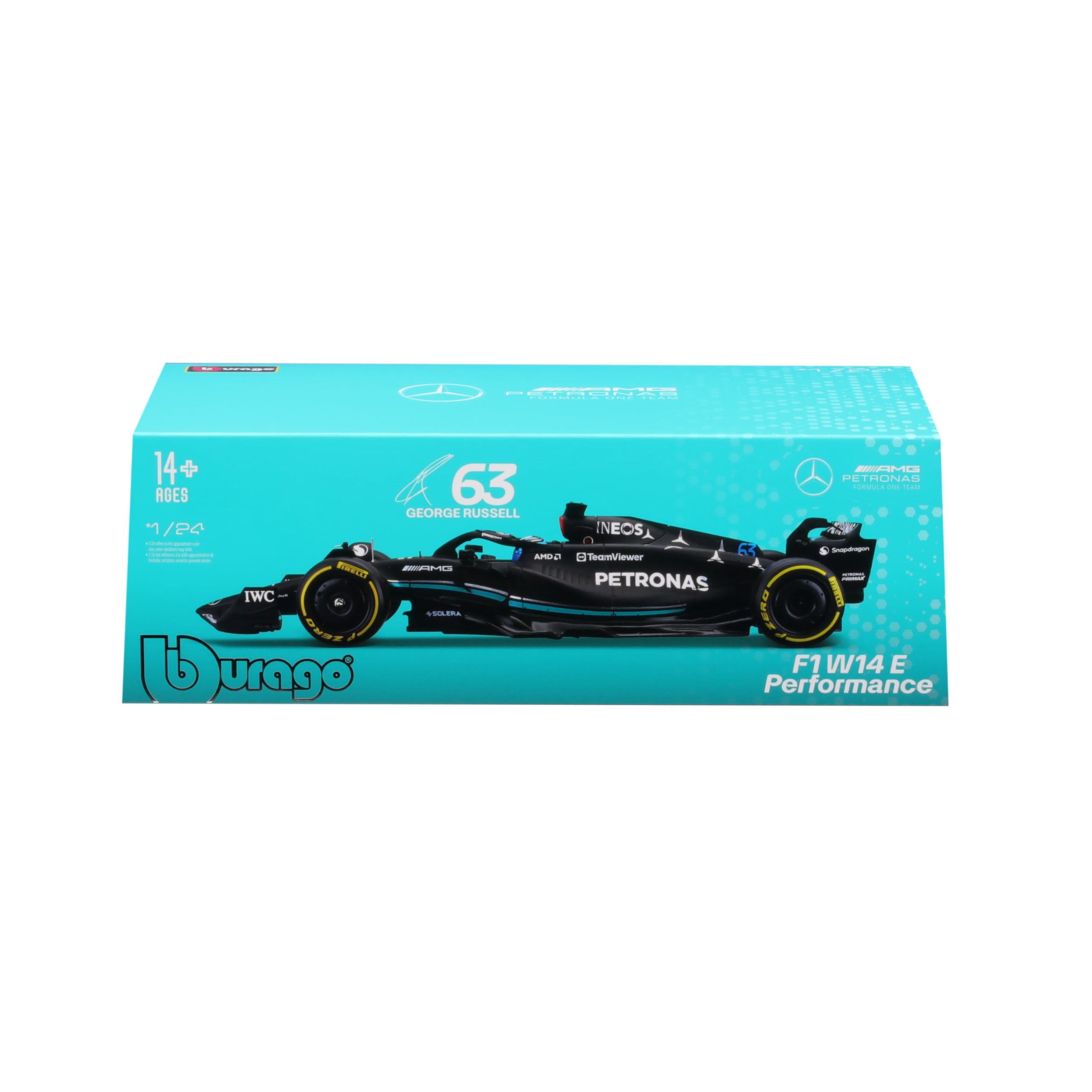 Bburago - 1/24 Racing - 2023 Mercedes-AMG F1 W14 E-Performance - con Casco #Russell - Novedad 2024: Una réplica precisa para Los Fans de Las Carreras, capturando el espíritu de la competición