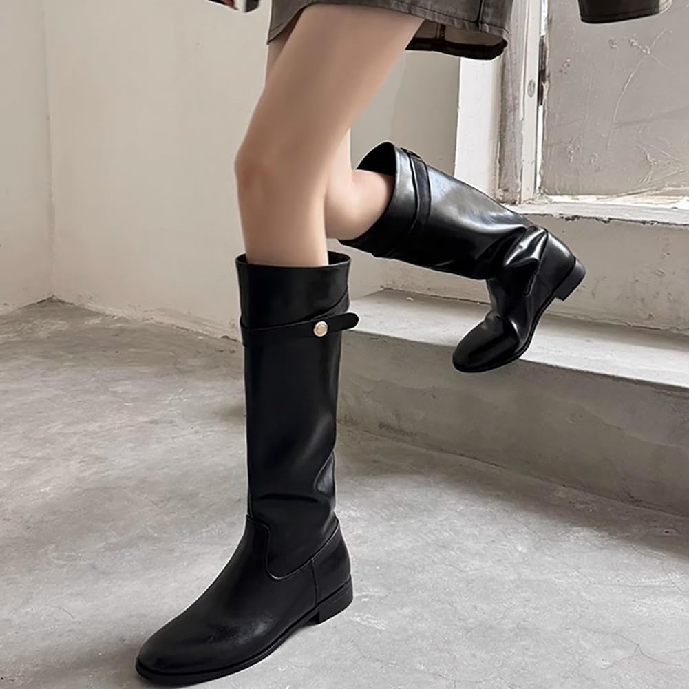 Women's Flat Knee High Boots Calf Leather Almond Toe Riding Tall Boot