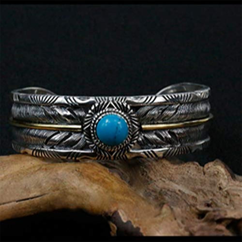 Herren Feather Open Armreif mit Türkis Indianer Breite Feder Silber Ethnic Armlet Vintage Armmanschette