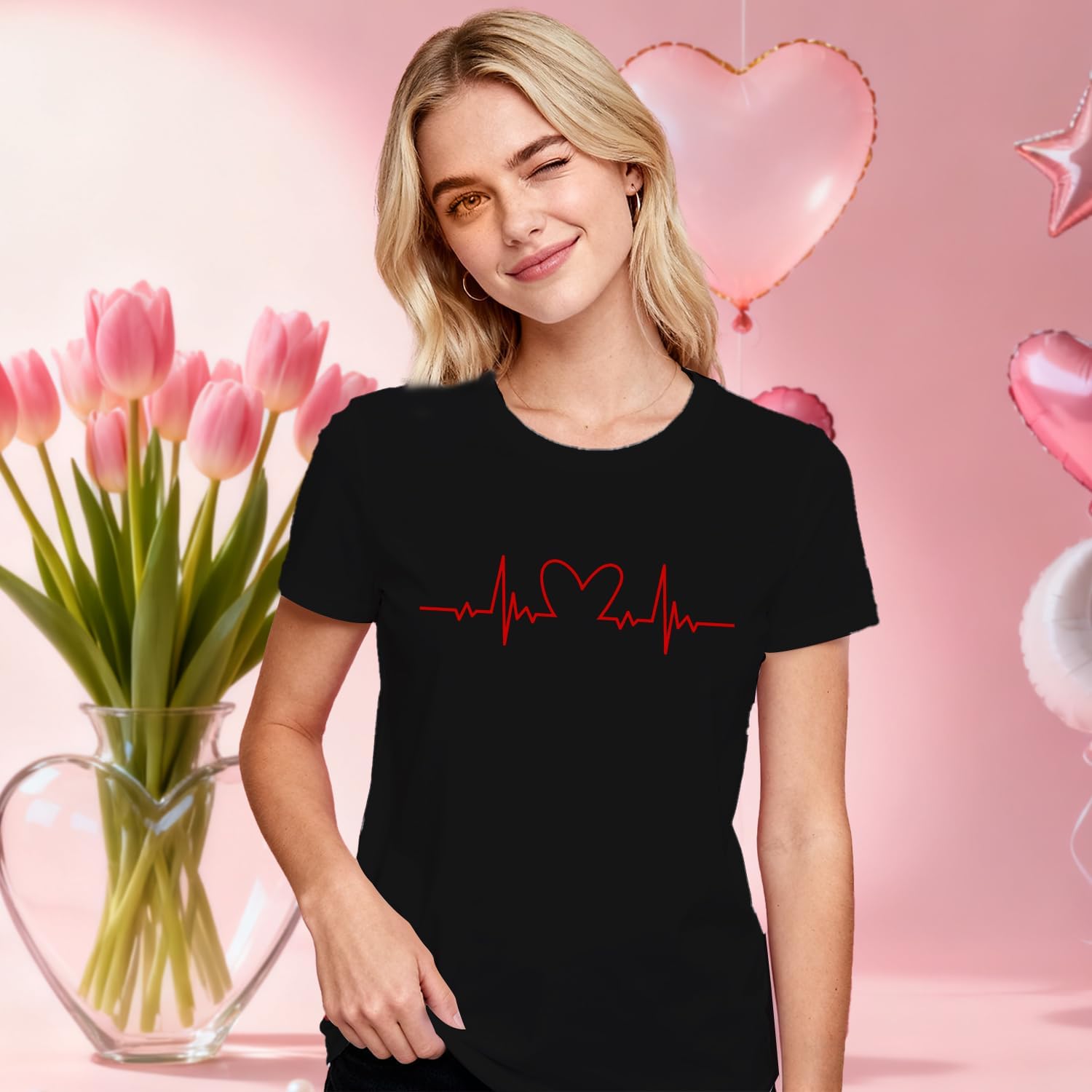 MAIHUN Valentines Day Shirt Love More Worry Less Shirts Women Happy Smile Face Tshirt Short Sleeve Casual Tee Tops - Image 2