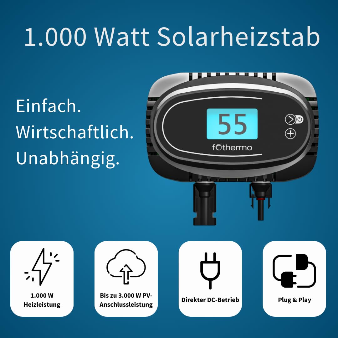 Fothermo® - 1.000 Watt Solarheizstab | 0–1.000 W stufenlos geregelter Photovoltaikheizstab inkl. Überschussnutzung | 6/4" Gewinde | Gleichstrom Heizstab