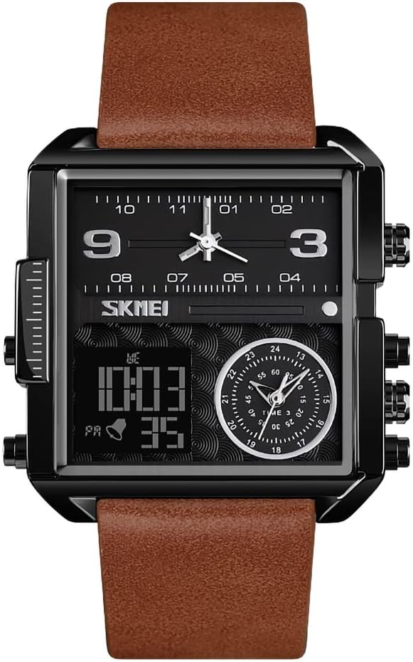 Watches for Men, Square Men's Wrist Watches, LED Backlight Large Screen Multi-Time Zone Men's Watch, Waterproof Analog Men's Digital Sports Watch