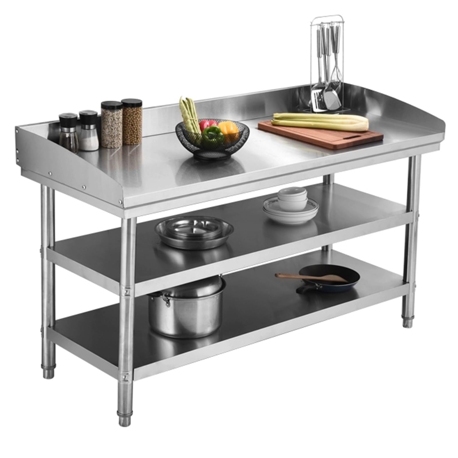 Banco de trabajo de acero inoxidable con recinto, diseño curvado de tres niveles, mesa de preparación de cocina, estación de trabajo de metal, 80 x 50 x 80 cm, ideal para espacios culinarios