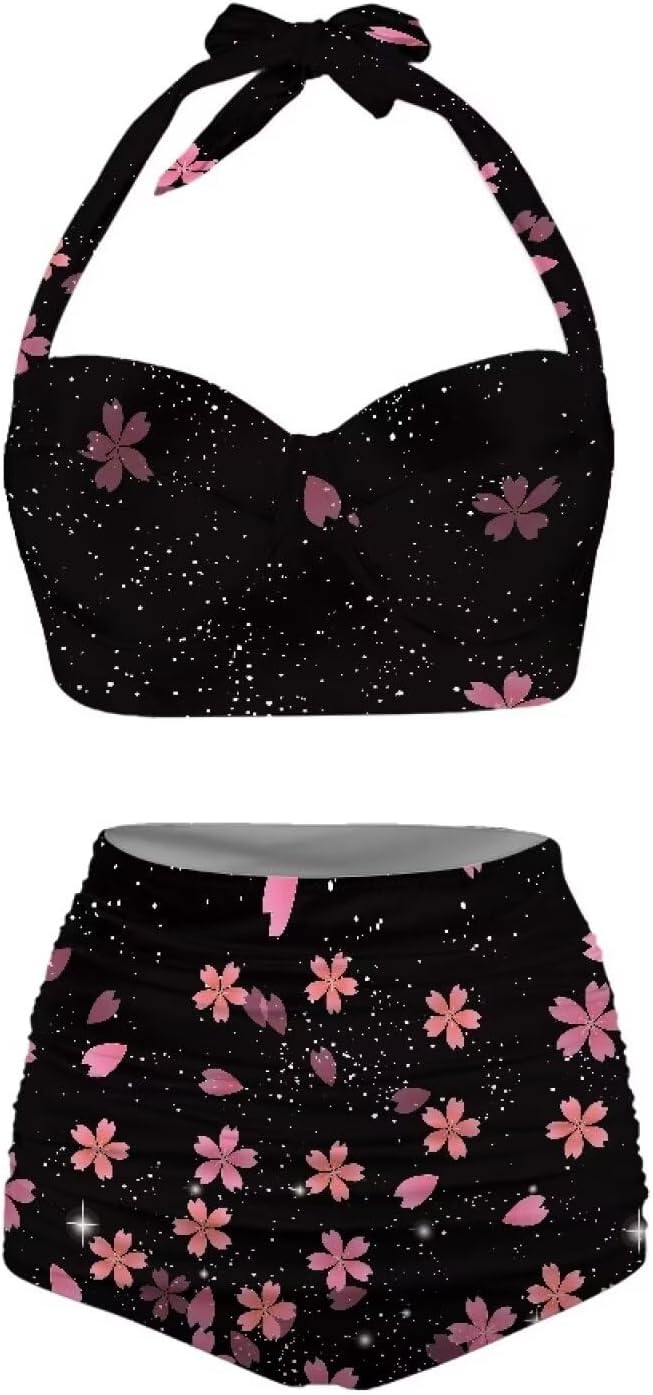 Suobstales Womens Halter Swimsuits with Bottoms Two Piece High Waisted Bikini Sets Tummy Control Bathing Suits Plus Size