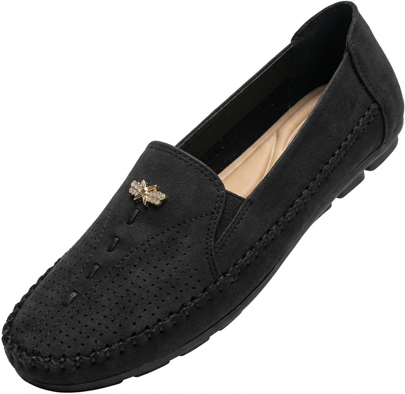 Women's Suede Penny Loafers Breathable Perforated Slip-On Moccasins Lightweight Soft Sole Non-Slip Hand-Stitched Flat Loafers