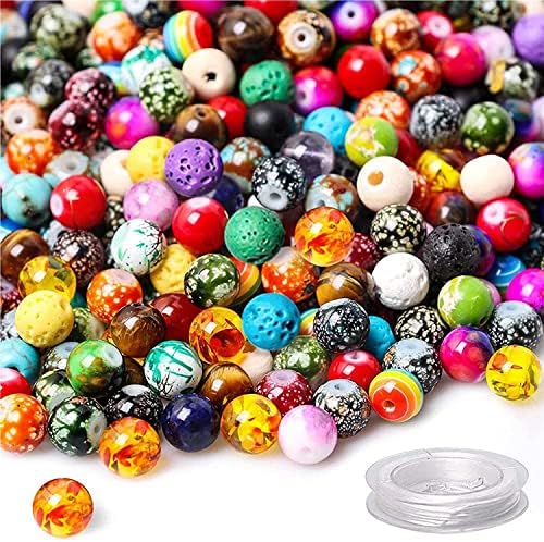 HW 579PCS Chakra Beads Kit, 8mm Beads for Jewellery Making, 18 Colors Acrylic Round Glass Beads in Different Pattern with Lava Beads,Jump Rings Elastic String for Adult Jewelry Making Supplies