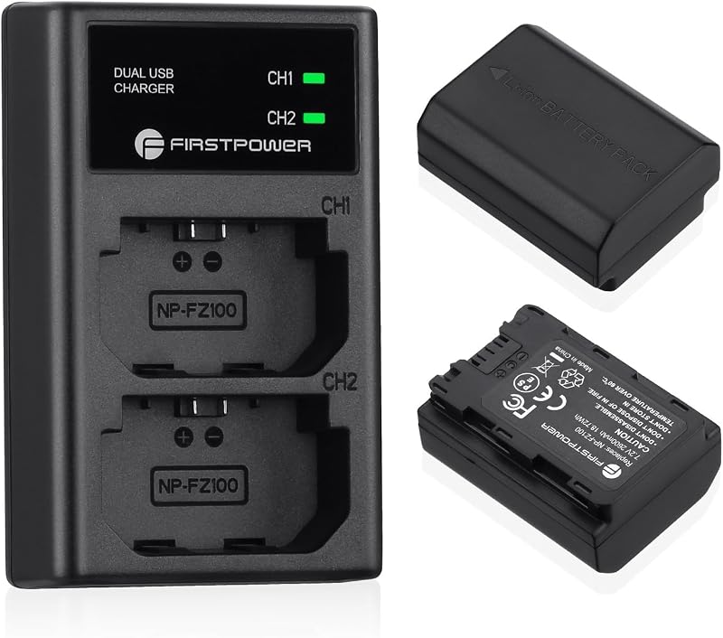 FirstPower NP-FZ100 Battery Charger Kit for Sony Alpha A7III A7IV Cameras | 2-Pack 2600mAh, Compatible with Sony A7III A7IV A7RIII A7RIV A7SIII A7C A7CR A6600 A6700 FX3 FX30 ZV-E1 ZV-E10II A1 A9 A9II