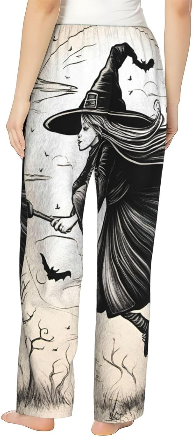 Halloween Witch Flying Print Women'S Flannel Pajama Pants,Soft Warm Pajama Bottoms,Perfect For Holiday Lounging