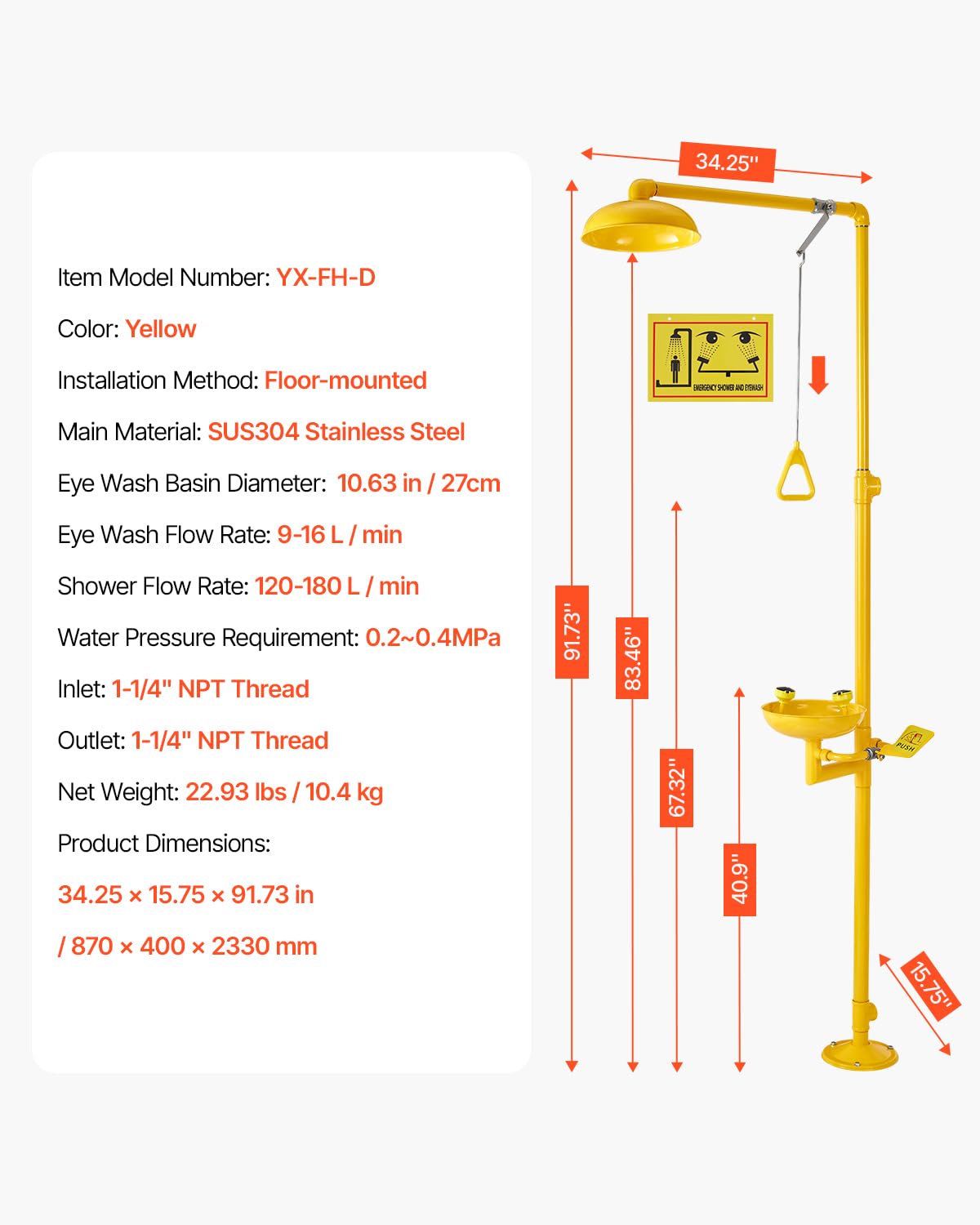 VEVOR Emergency Shower Eye Wash Station, 34.25 x 15.75 x 91.73 Inch 304 Stainless Steel Eyewash and Shower Combination, OSHA-Approved First Aid Eye Wash Station, for Schools, Labs, Factories, Yellow