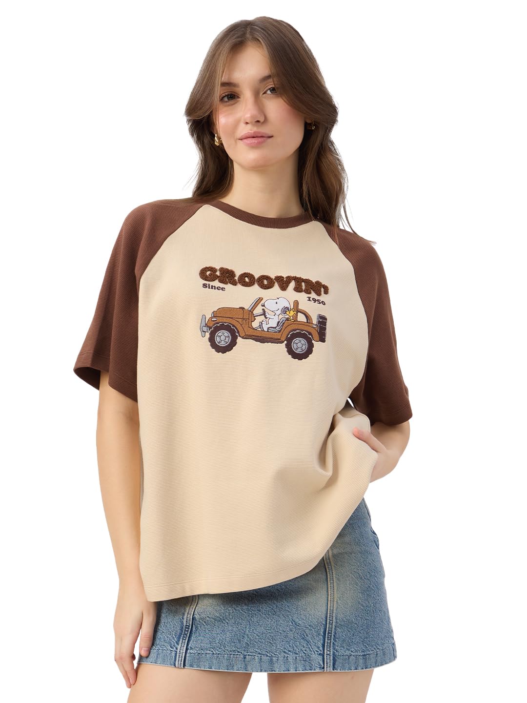 the souled store Peanuts: Groovin' Women and Girls Short Sleeves Round Neck Brown Embroidered Cotton Oversized T-Shirts-picture-12
