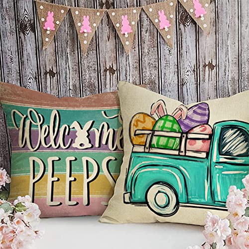 Fjfz Hello Easter Bunny Eggs Truck Decorative Throw Pillow Covers 16 X 16 Set Of 4, Spring Welcome Peeps Retro Porch Outdoor Home Decor, Floral Farmhouse Stripes Holiday Sofa Couch Cushion Case #TOP6
