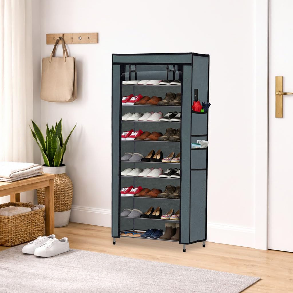 Multipurpose Rustproof Metal Shoe Rack Foldable Wide Storage Rack for Home & Office (9 Layer-Grey)-image-40