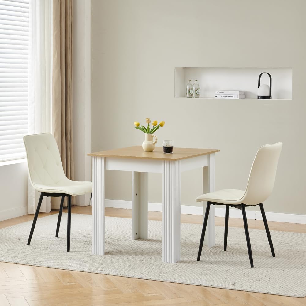 Homullel 75x75 cm Small Dining Table and Chairs, Seater Table and Chairs Set Kitchen Dining Room Set, Compact, Space Saving, Wooden Tabletop Maple (PU Lvory, Maple Tabletop with 2 Seats)