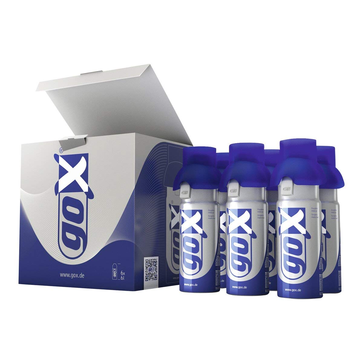 GOX Latas de Oxígeno 36L – Pack de 6 Inhaladores Portátiles de 6L con Boquilla Incluida – Oxígeno Puro al 99,5% que se Respira para Salud, Bienestar y Deporte – Producto de Alemania (Pack de 6)