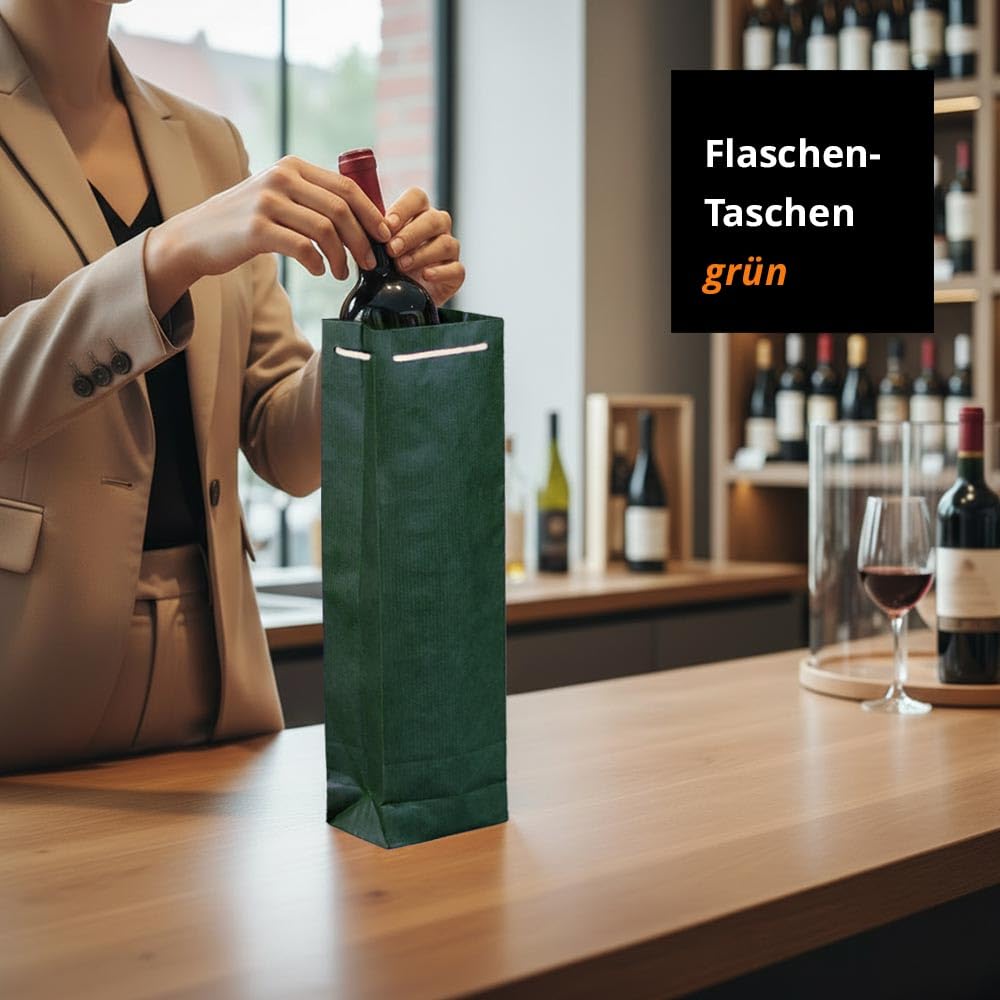 100 x Flaschentaschen grün 9,5+6,5x38 cm | Flaschentüten | Geschenktüte Flasche Wein | Weintaschen | HUTNER