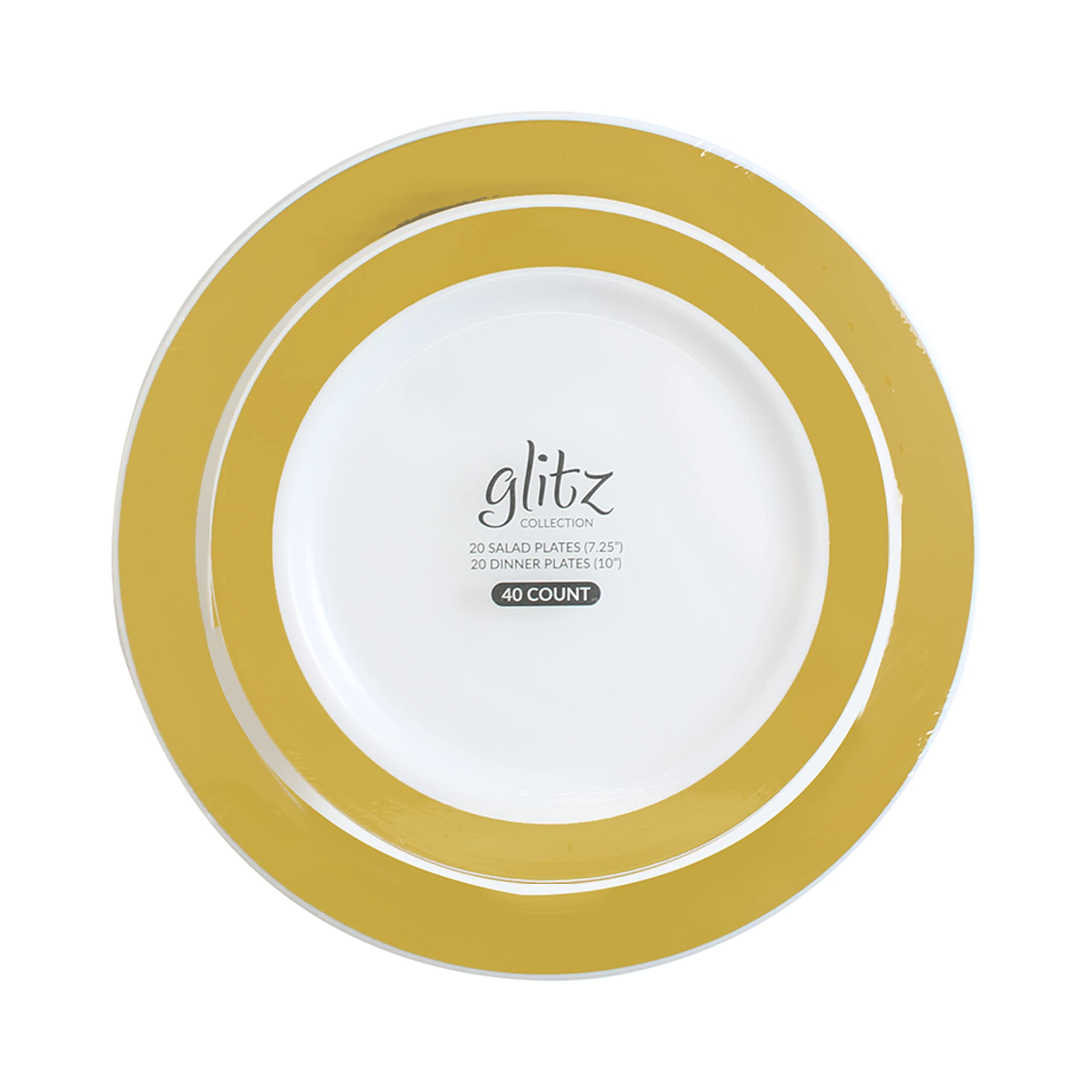 40 Piece Combo Plates Set includes 20-7'' inch Plates & 20-10'' inch Plates White Plastic With Gold Glitz Design Border/Rim Design Party Plates, Premium heavyweight Elegant, Disposable, Tableware,