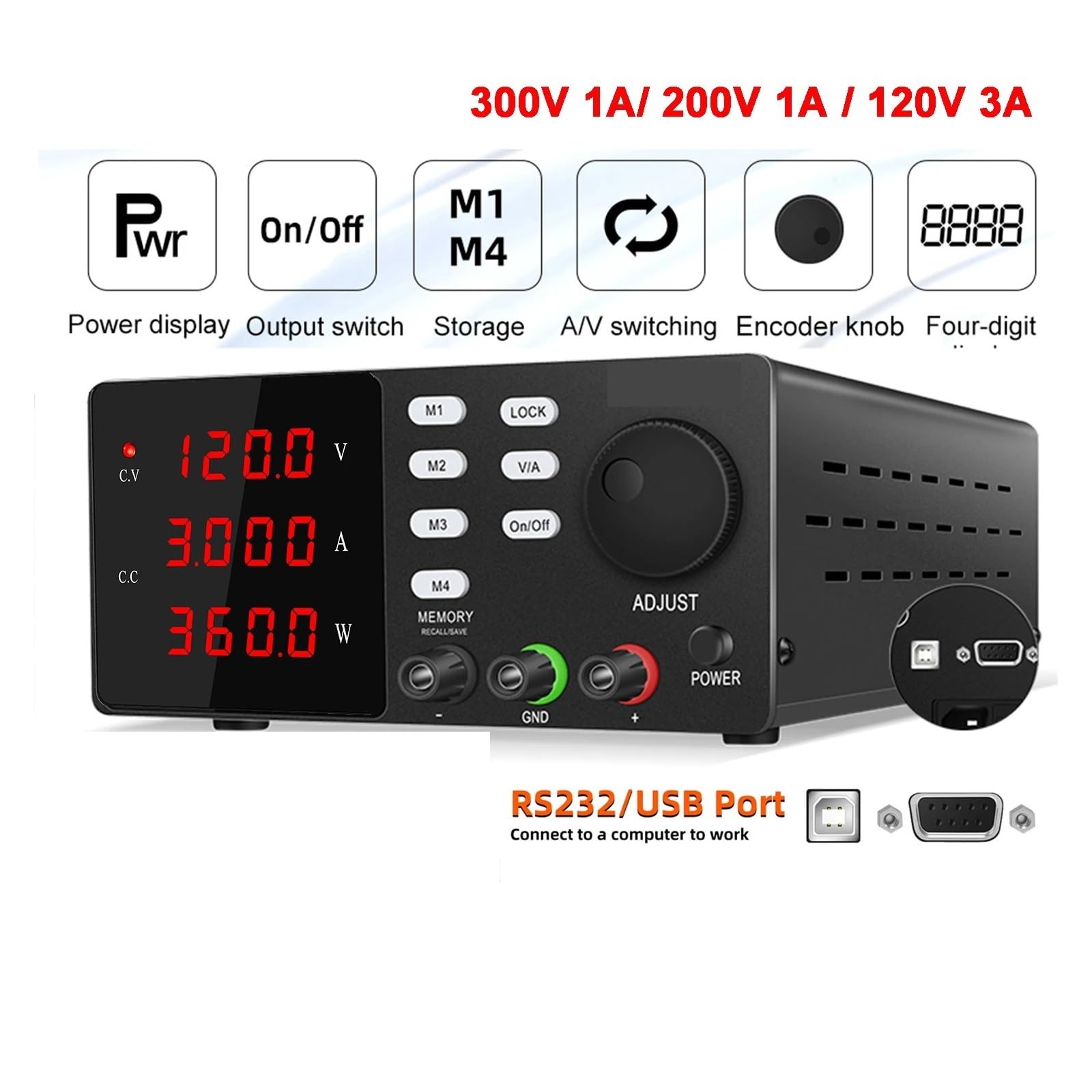 Fuente de alimentación de laboratorio de 120 V y 3 A CC; fuente de alimentación de banco regulada variable de 30 V y 10 A Múltiples protecciones(30V 10A RS232-USB)