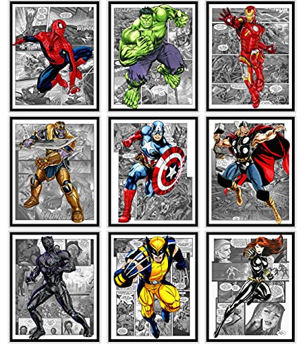 Superhero Avengers Marvel Watercolor Posters - Prints Pictures Wall Art Decor Decorations Gifts Merch Comics Characters for Boys Room Nursery Kids Rooms Bedrooms Toddlers Teens Bathrooms Girls Rooms - 8x10 Inches UNFRAMED Set of 9 by GROUP DMR (SHG)