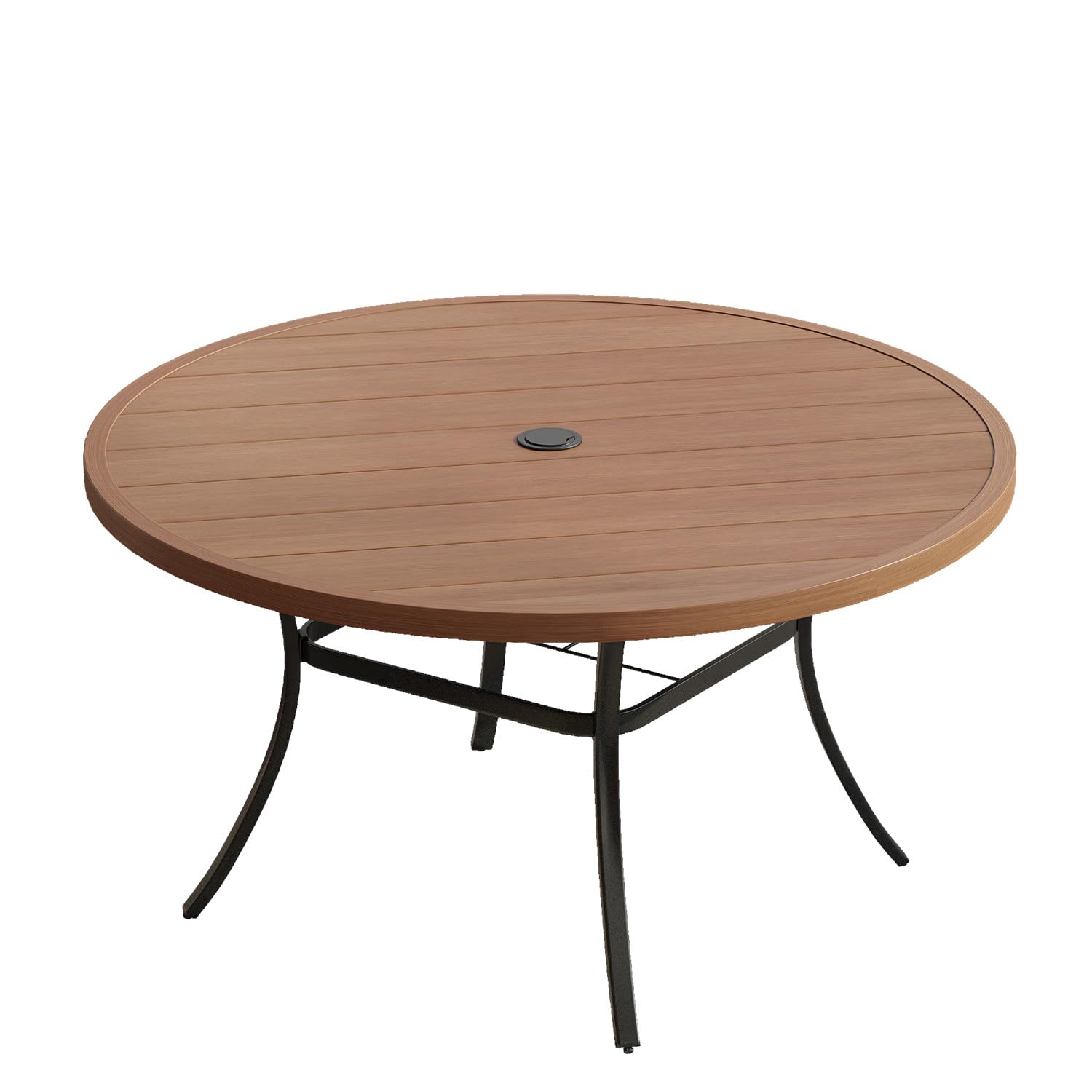 VICLLAX 53" Outdoor Round Patio Table for Lawn Garden, All Weather Metal Round Patio Dining Table with Adjustable Umbrella Hole, Patio Table for 8 Person, Walnut Tabletop