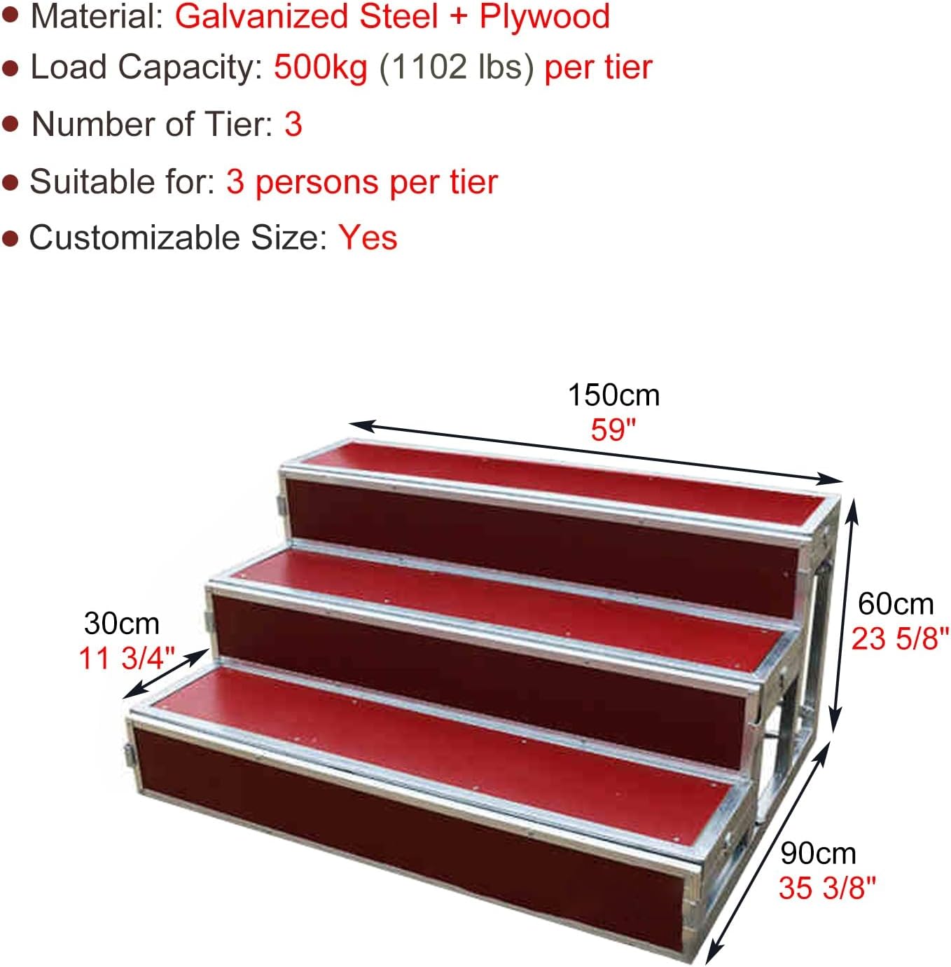 Heavy Duty Portable Choir Risers - 3-Level Sturdy Performance Platforms for Concerts, Classrooms & Events, 59" Staircase Bench for Enhanced Seating & Stage Setup
