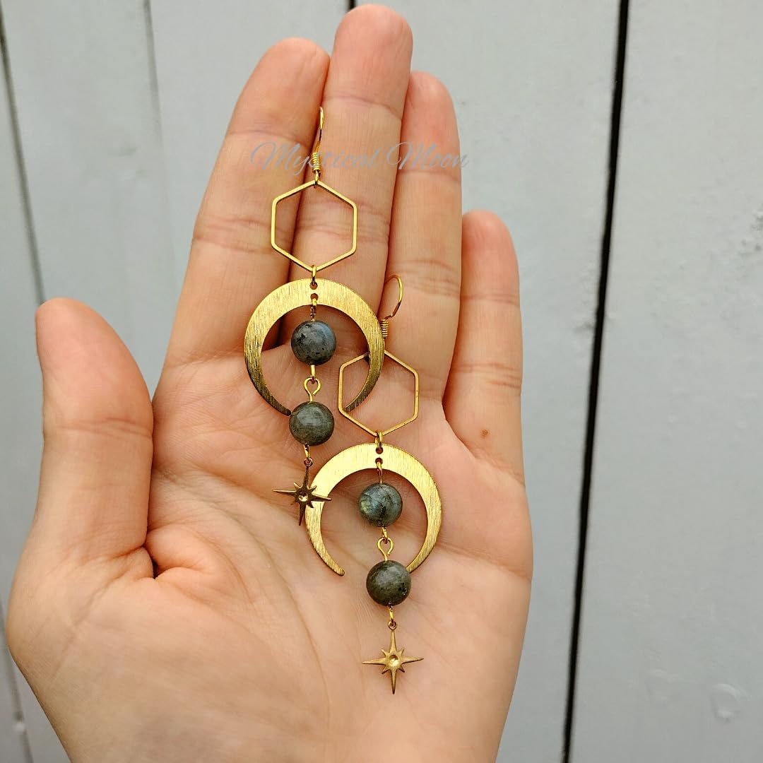 Geometric Crescent Moon Earrings with Labradorite Gemstone Beads Celestial Stars Witchy Gift for Her - Image 5